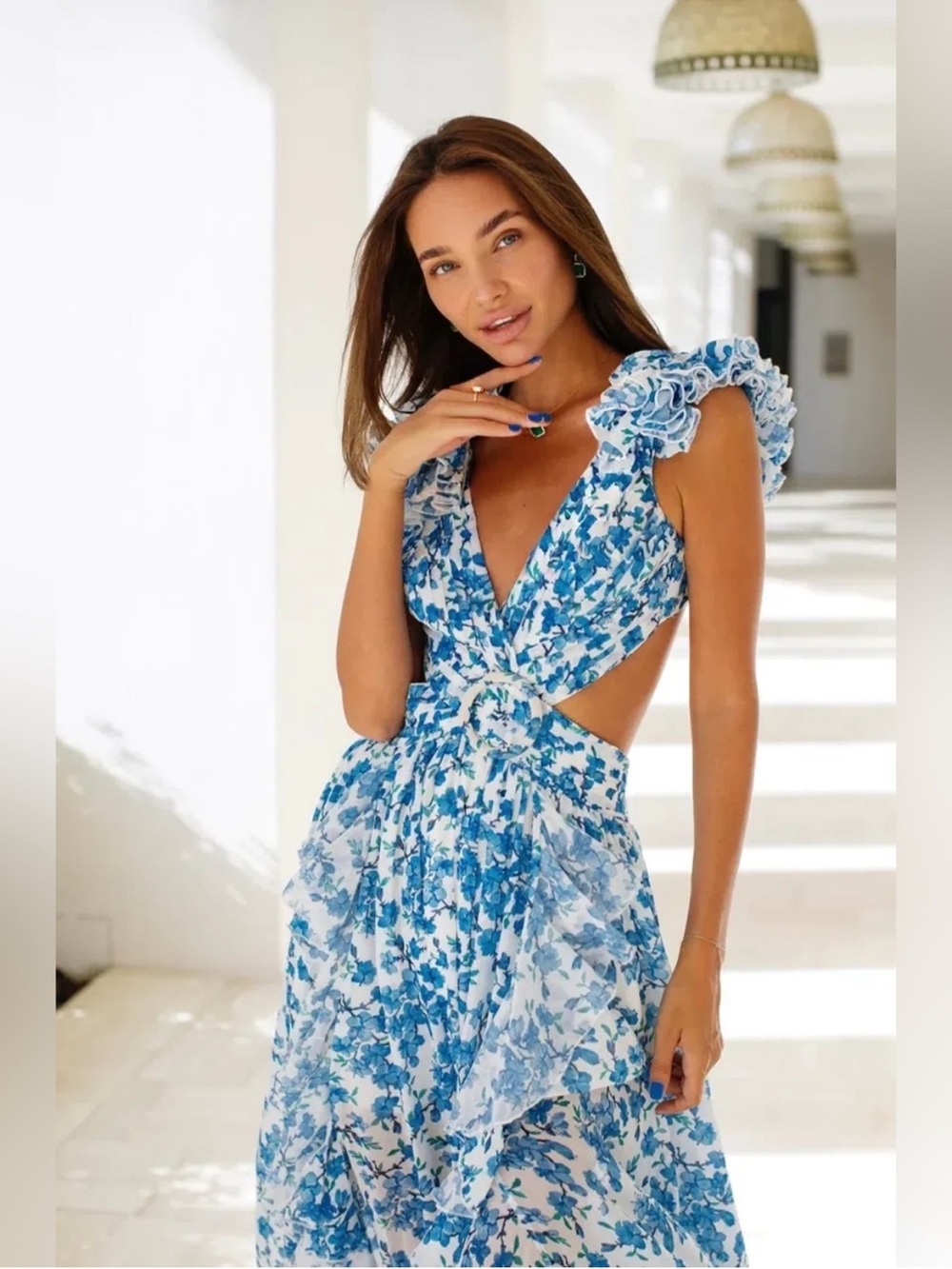 Anne Louise Boutique ABL Blue Floral Ruffle Maxi Dress Mykonos Cassini NWT